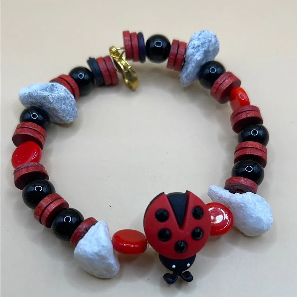 Whimsical Ladybug Beaded Bracelet - Red Black & stones